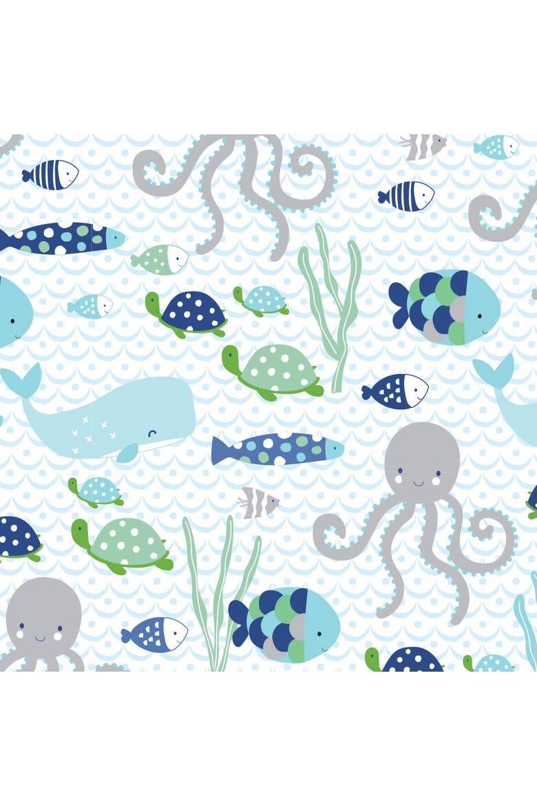 Oceania 100% Cotton Whale with Octopus and Fish Nautical Ocean Theme Fitted Crib Sheet, Alternate, color, Blue