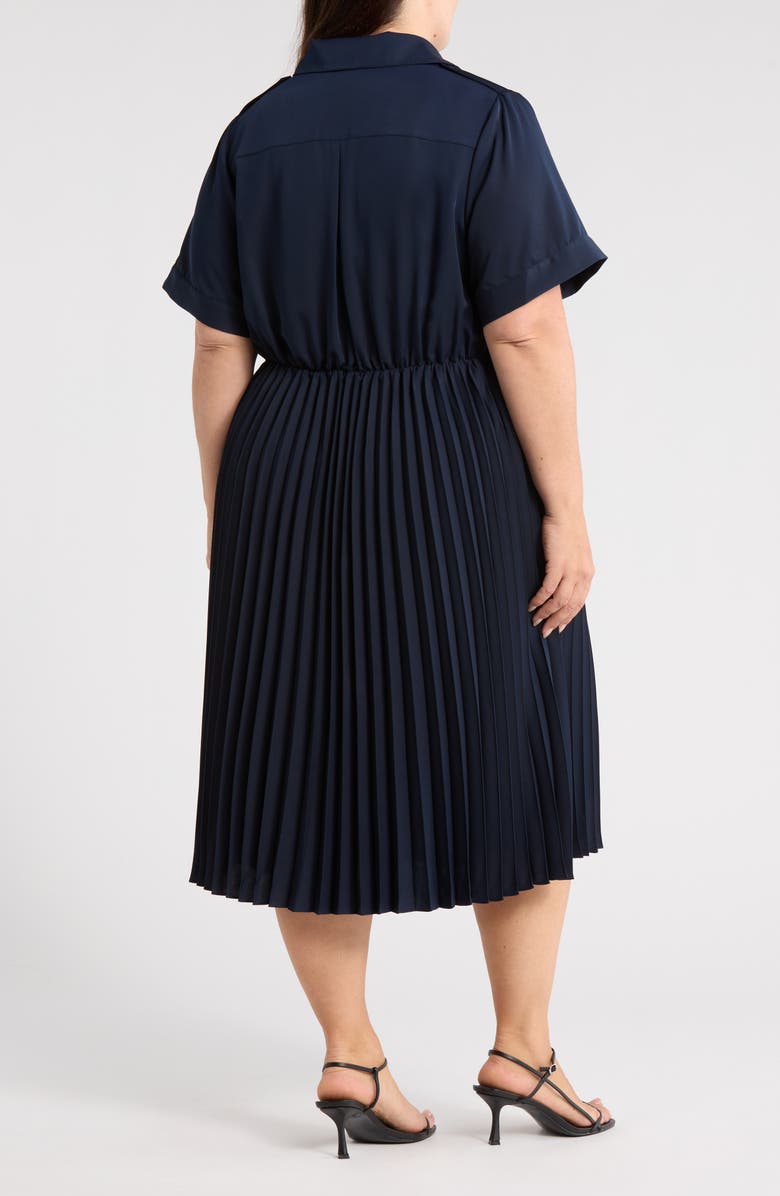 JASON WU Short Sleeve Pleated Midi Dress, Alternate, color, Navy