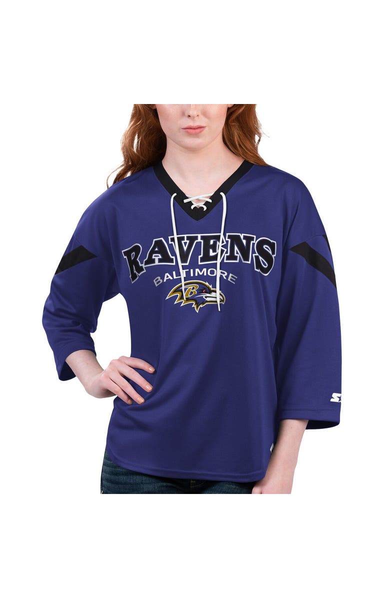 STARTER Women's Starter Purple Baltimore Ravens Rally Lace-Up 3/4 Sleeve T-Shirt, Main, color, Purple