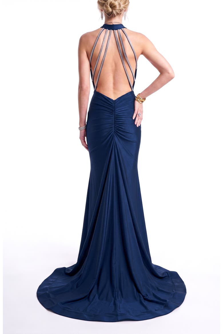 Rhinestone Open-Back Halter Mermaid Evening Gown, Alternate, color, Navy