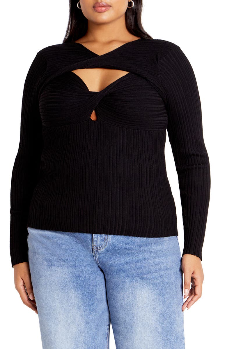 City Chic Tessa Cutout Rib Sweater, Main, color, Black