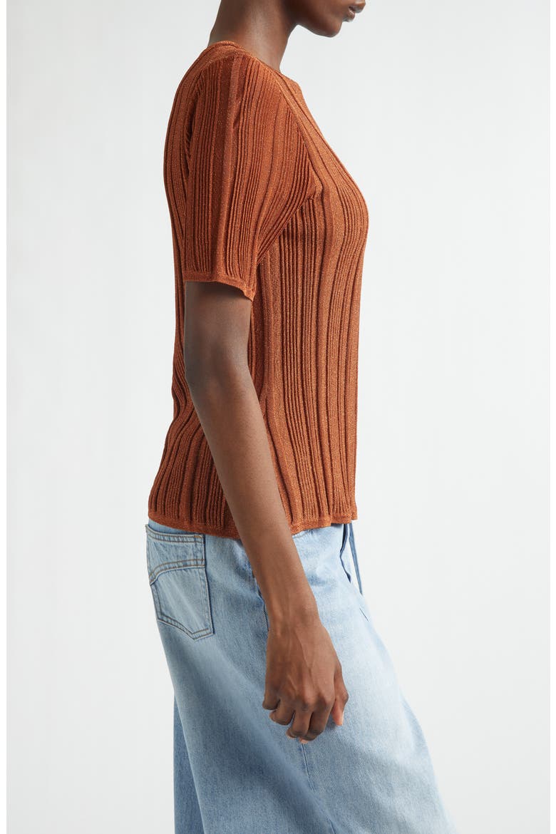 Indra Short Sleeve Shimmer Rib Sweater, Alternate, color, METALLIC TAN