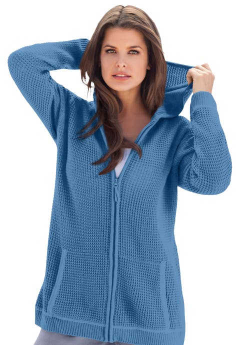 Plus Size Waffle Knit Zip-Front Relaxed Hoodie (Plus)