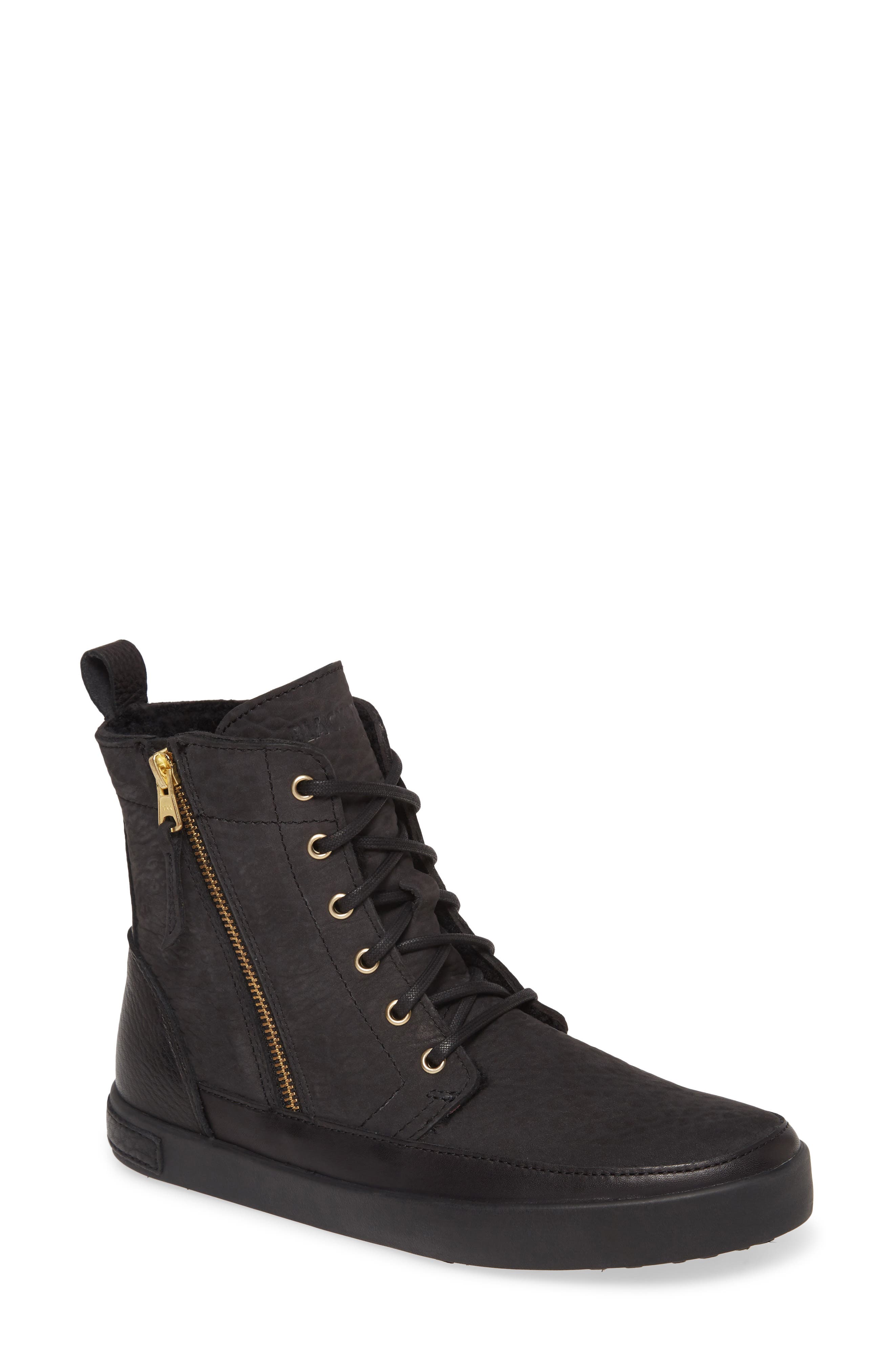 'CW96' Genuine Shearling Lined Sneaker Boot, Main, color, BLACK SOLID LEATHER
