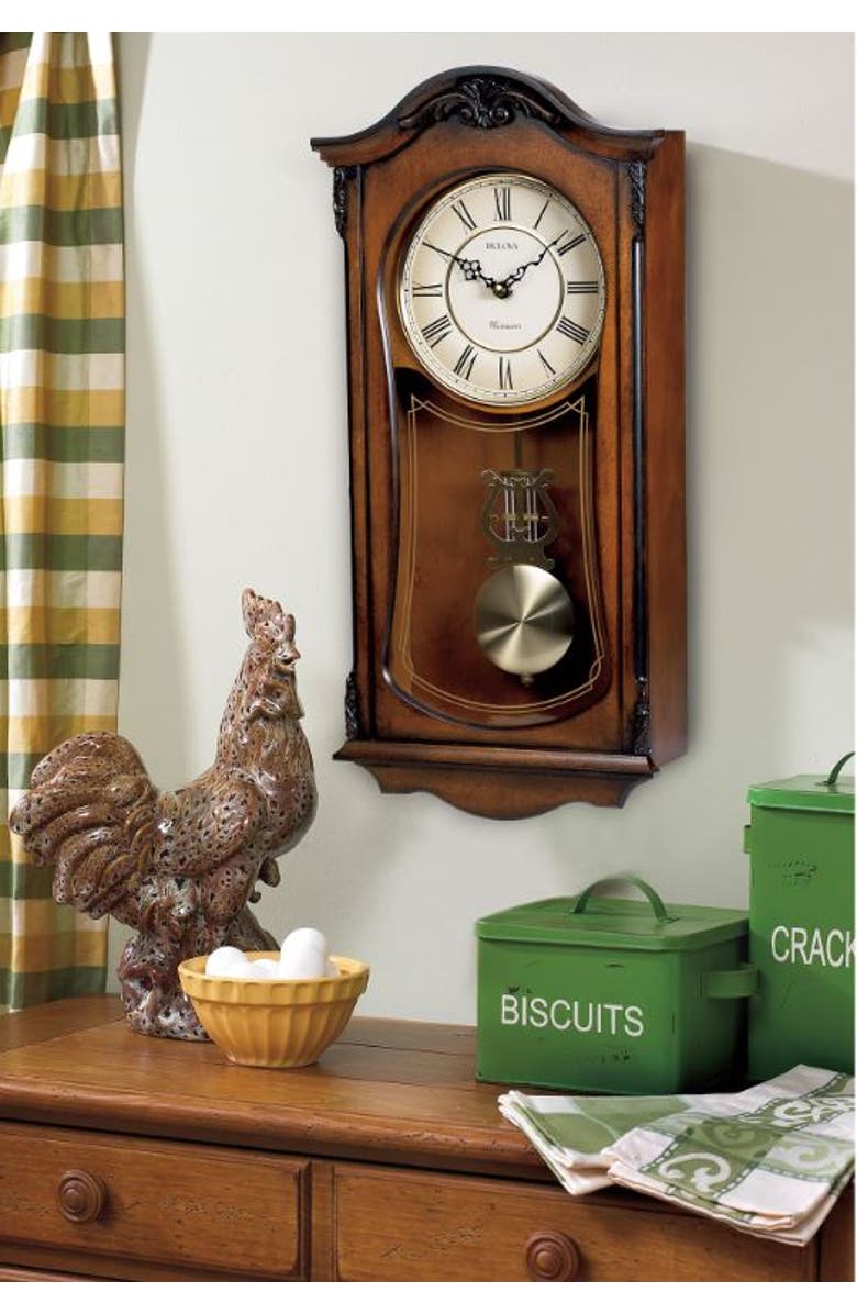 Bulova Clocks Cranbrook Wall Mount Analog Wooden Chiming, Brown, Alternate, color, Brown