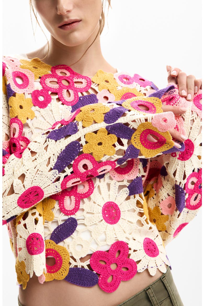 Floral Crop Cotton Blend Crochet Sweater, Alternate, color, OFF WHITE