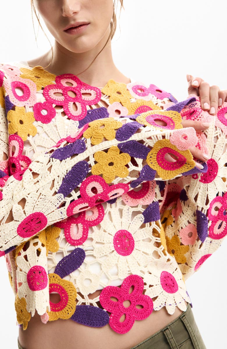 Desigual Floral Crop Cotton Blend Crochet Sweater, Alternate, color, Off White