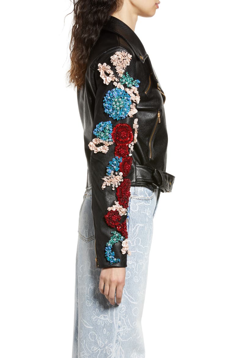 Embellished Floral Belted Faux Leather Moto Jacket, Alternate, color, BLACK