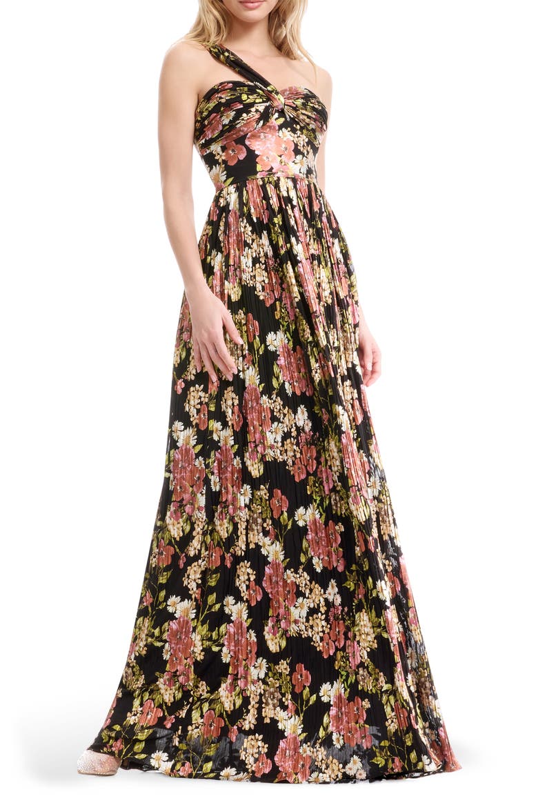 floral print pleated dress Lela Rose Printed Cotton Draped Shoulder Pleated Dress