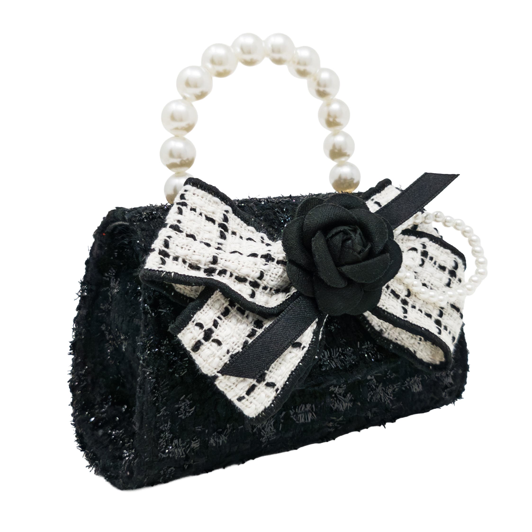 Puttisu Coco Ribbon Bow Pearl Handbag, Alternate, color, Noir Elegance
