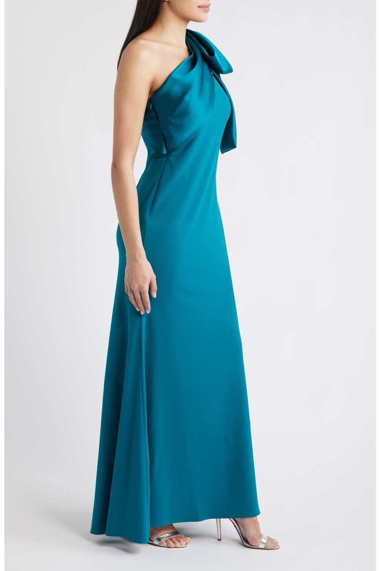 Bow One-Shoulder Crepe Mermaid Gown, Alternate, color, TEAL