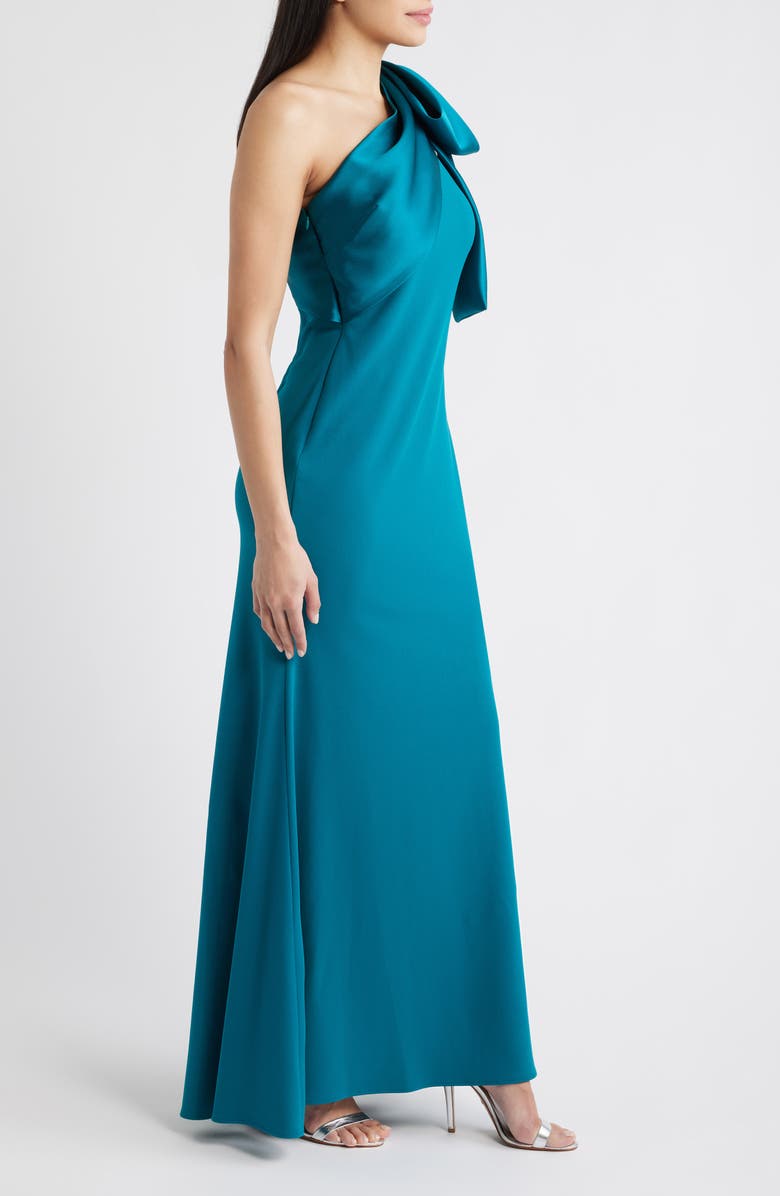 Betsy & Adam Bow One-Shoulder Crepe Mermaid Gown, Alternate, color, Teal