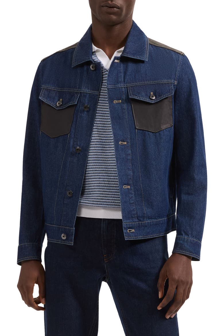 Leather Trim Denim Trucker Jacket, Main, color, NAVY