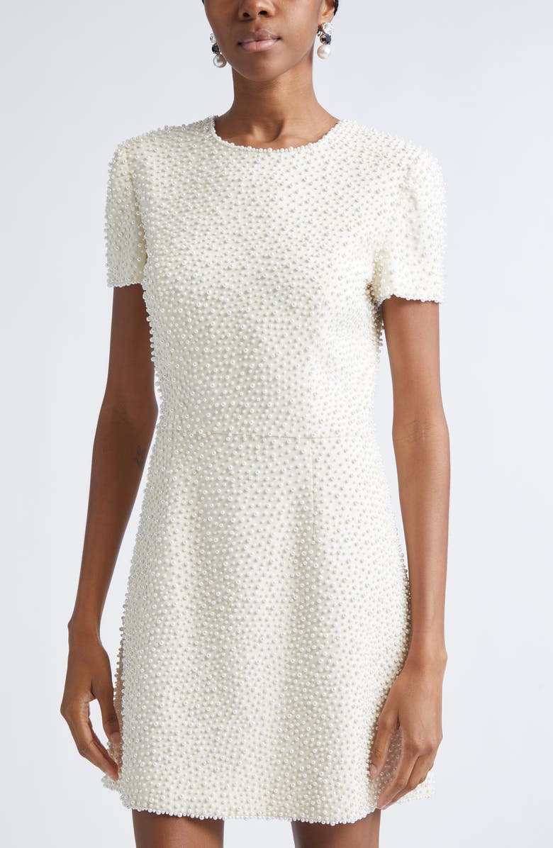 Carolina Herrera Faux Pearl Embellished A-Line Minidress, Alternate, color, Ivory