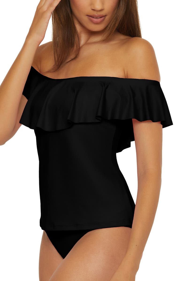 Trina Turk Monaco Ruffle Off-the-Shoulder Tankini Top, Alternate, color, Black