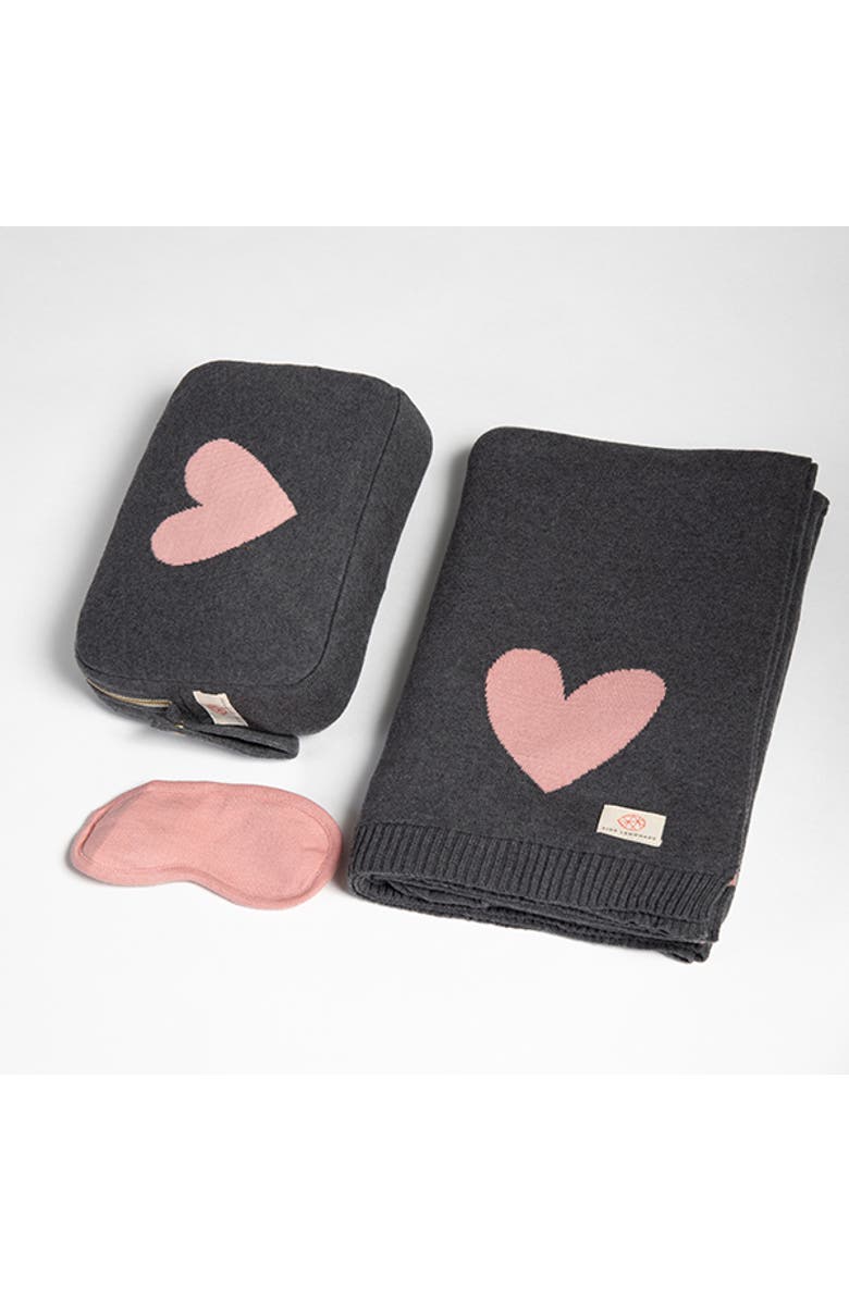 Pink Lemonade Hearts Reversible Organic Cotton Travel Blanket and Eye Mask Set, Main, color, Pink