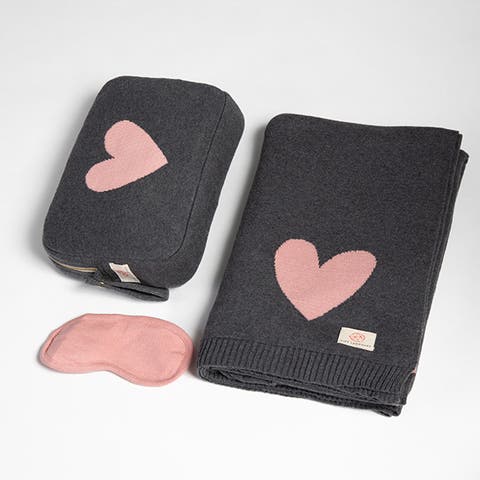 Hearts Reversible Organic Cotton Travel Blanket and Eye Mask Set