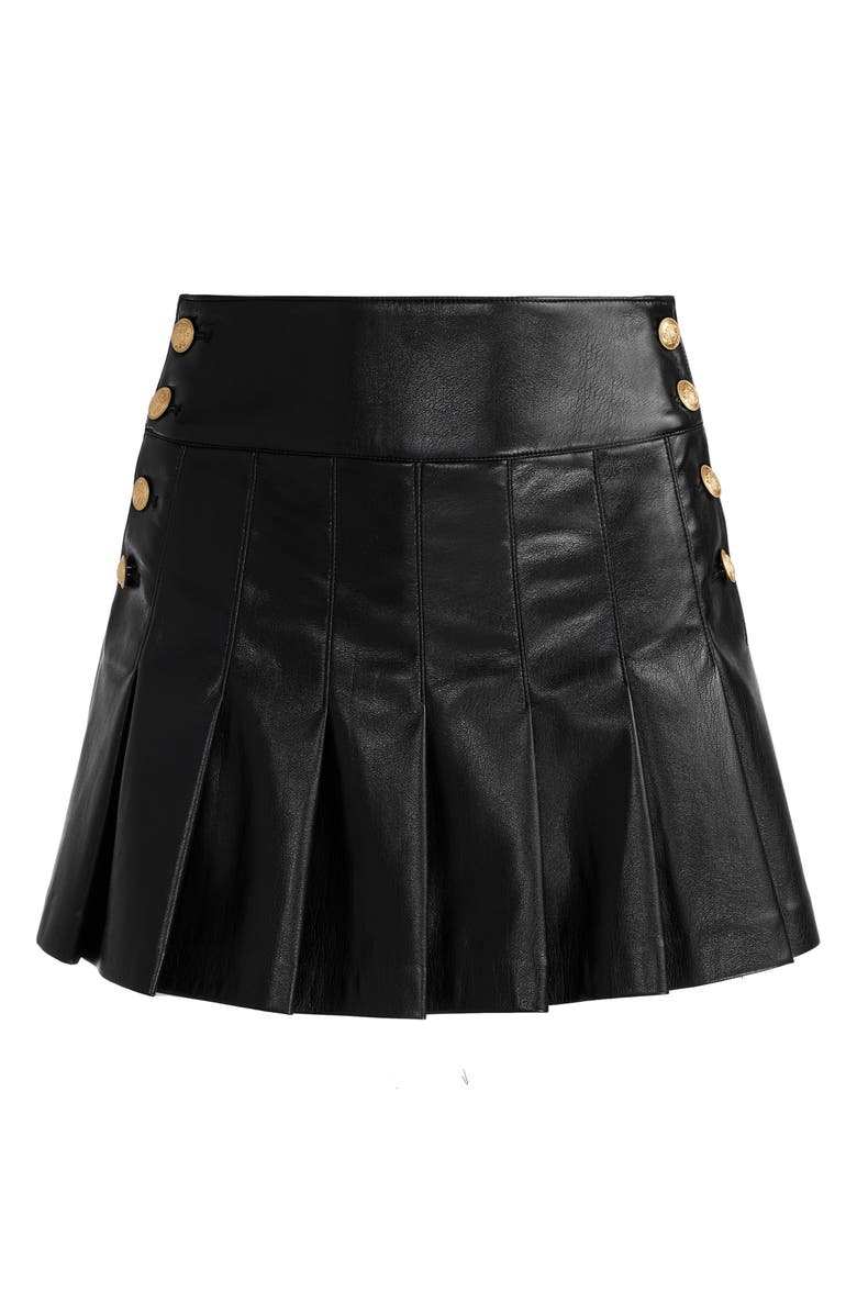 Alice + Olivia Lanna Pleated Button Faux Leather Miniskirt, Alternate, color, Black