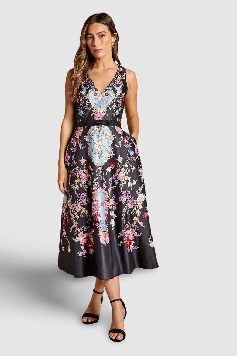 Placement Print V Neck Midi Dress, Main, color, Black