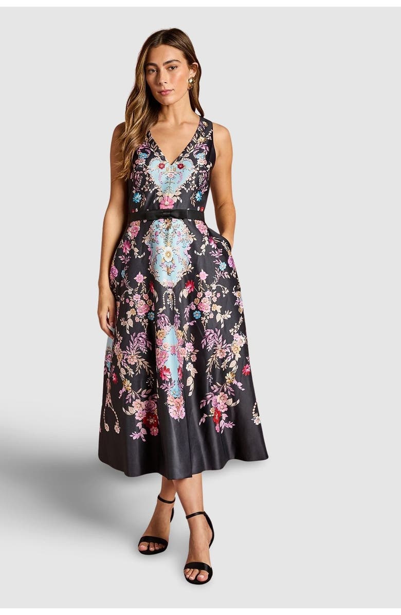 Coast Placement Print V Neck Midi Dress, Main, color, Black
