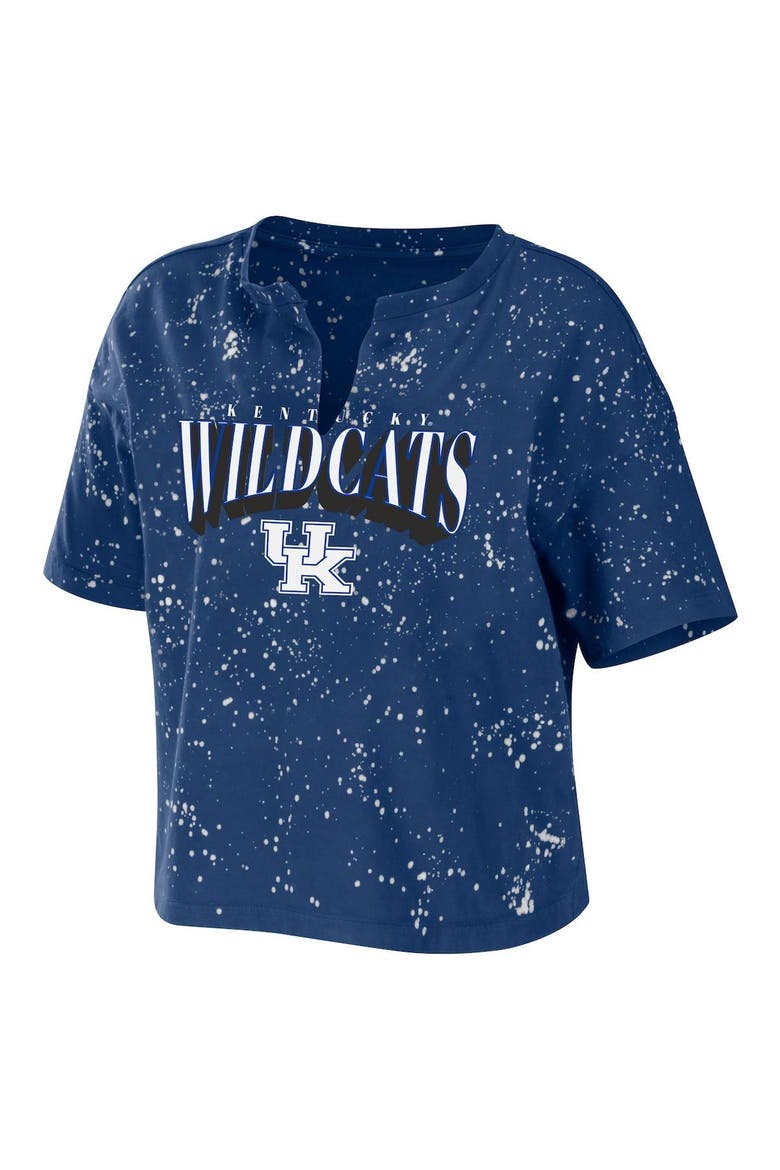 Women's WEAR by Erin Andrews Royal Kentucky Wildcats Bleach Wash Splatter Cropped Notch Neck T-Shirt, Alternate, color, Royal
