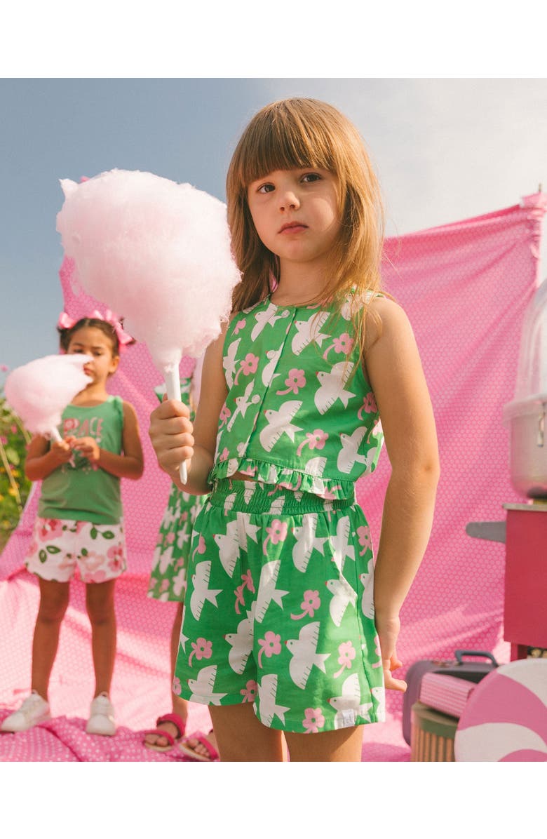 Deux par Deux Little Girl's Printed Romper With Frills Green With White And Pink Bird, Alternate, color, Green With White And Pink Bird