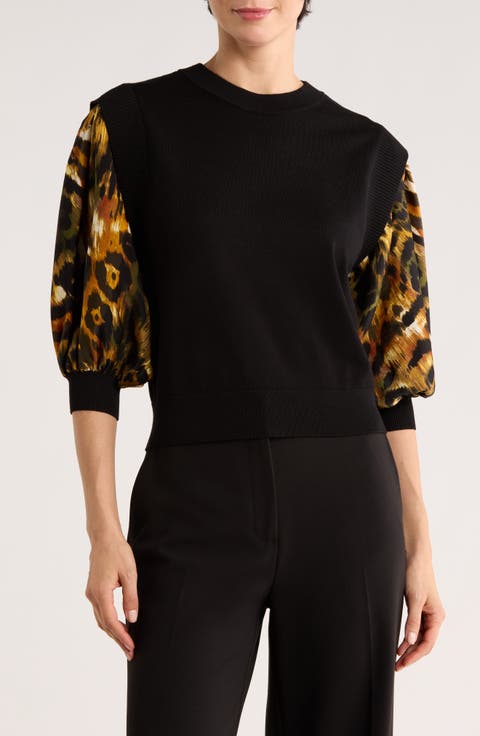 Print Sleeve Mixed Media Sweater
