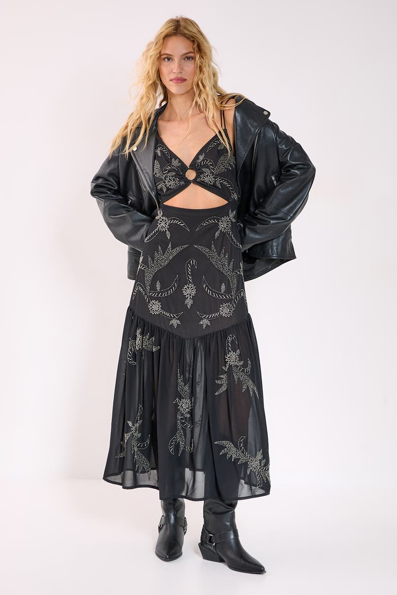 Ring Cut Out Volume Maxi Dress, Alternate, color, Black
