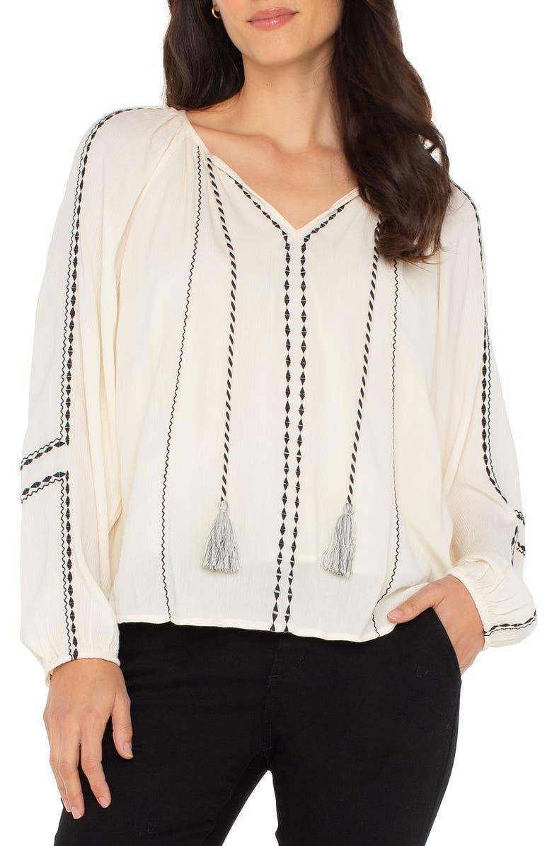 Liverpool Los Angeles Embroidered Tie Neck Top, Main, color, 