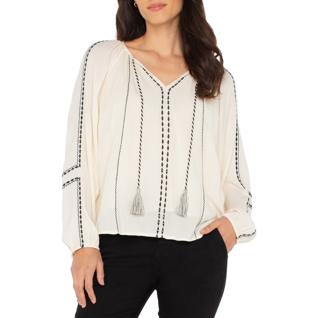 Liverpool Los Angeles Embroidered Tie Neck Top In White