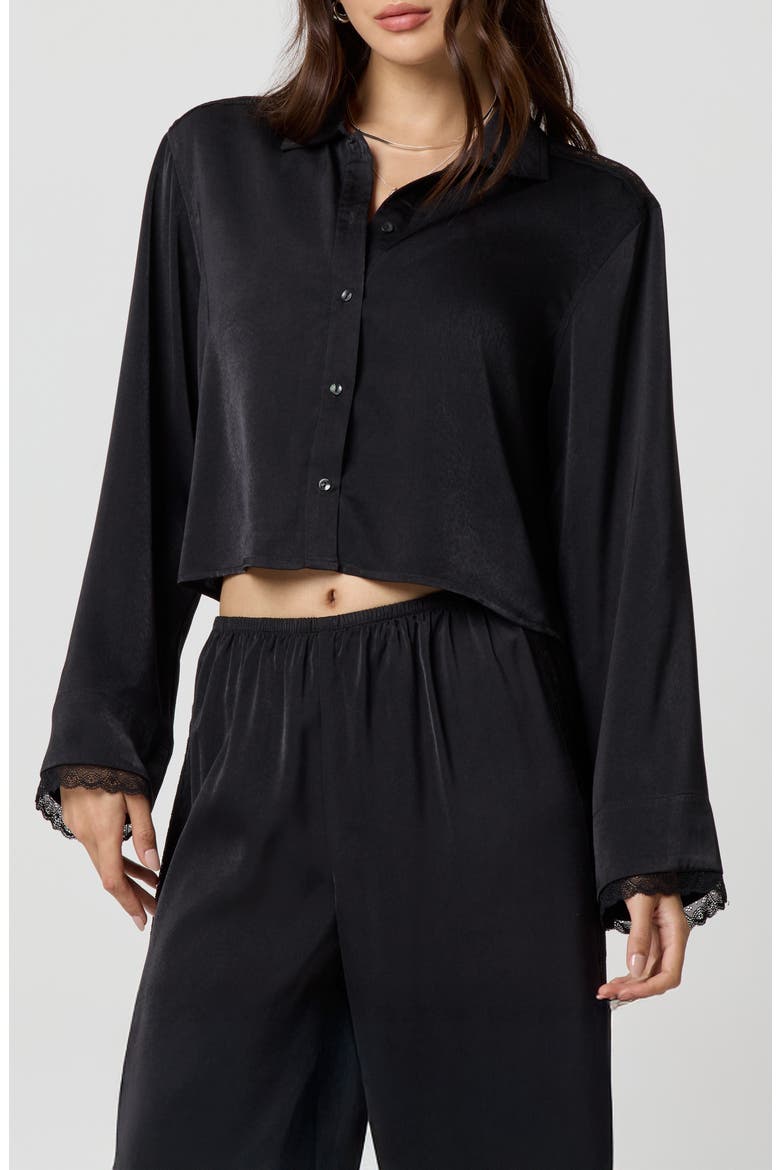 Silky Satin Crop Sleep Shirt, Main, color, BLACK