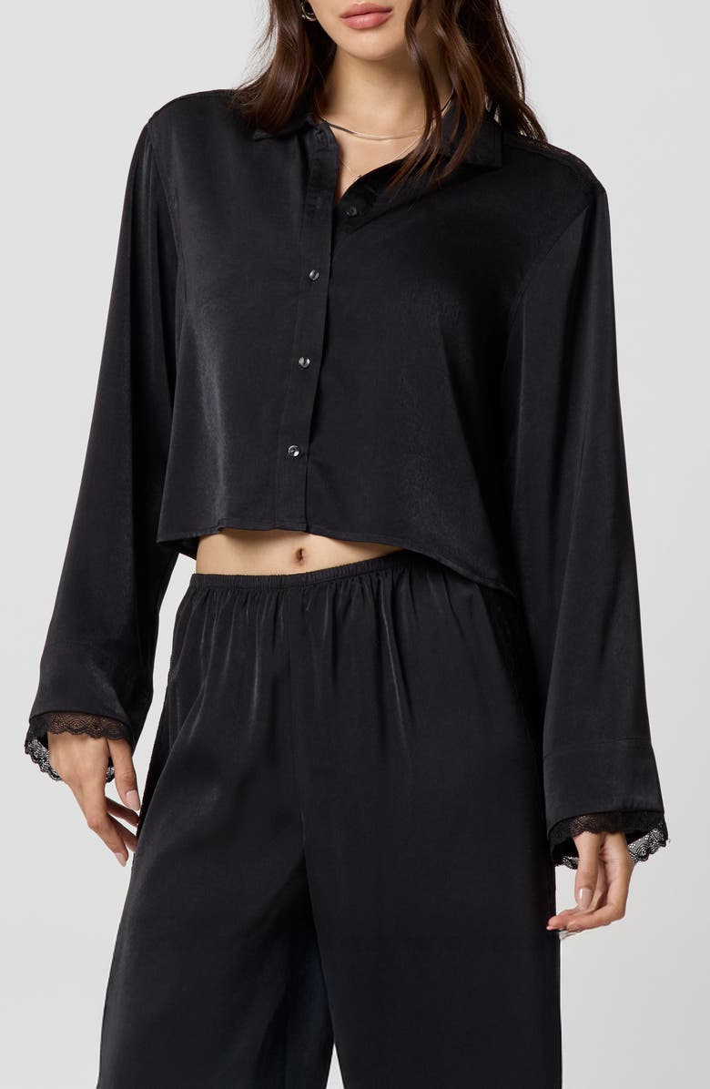 Florence by Mills Silky Satin Crop Sleep Shirt, Main, color, Black