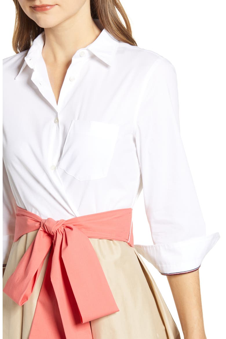 Colorblock Cotton Blend Shirtdress, Alternate, color, BRIGHT WHITE/ KHAKI