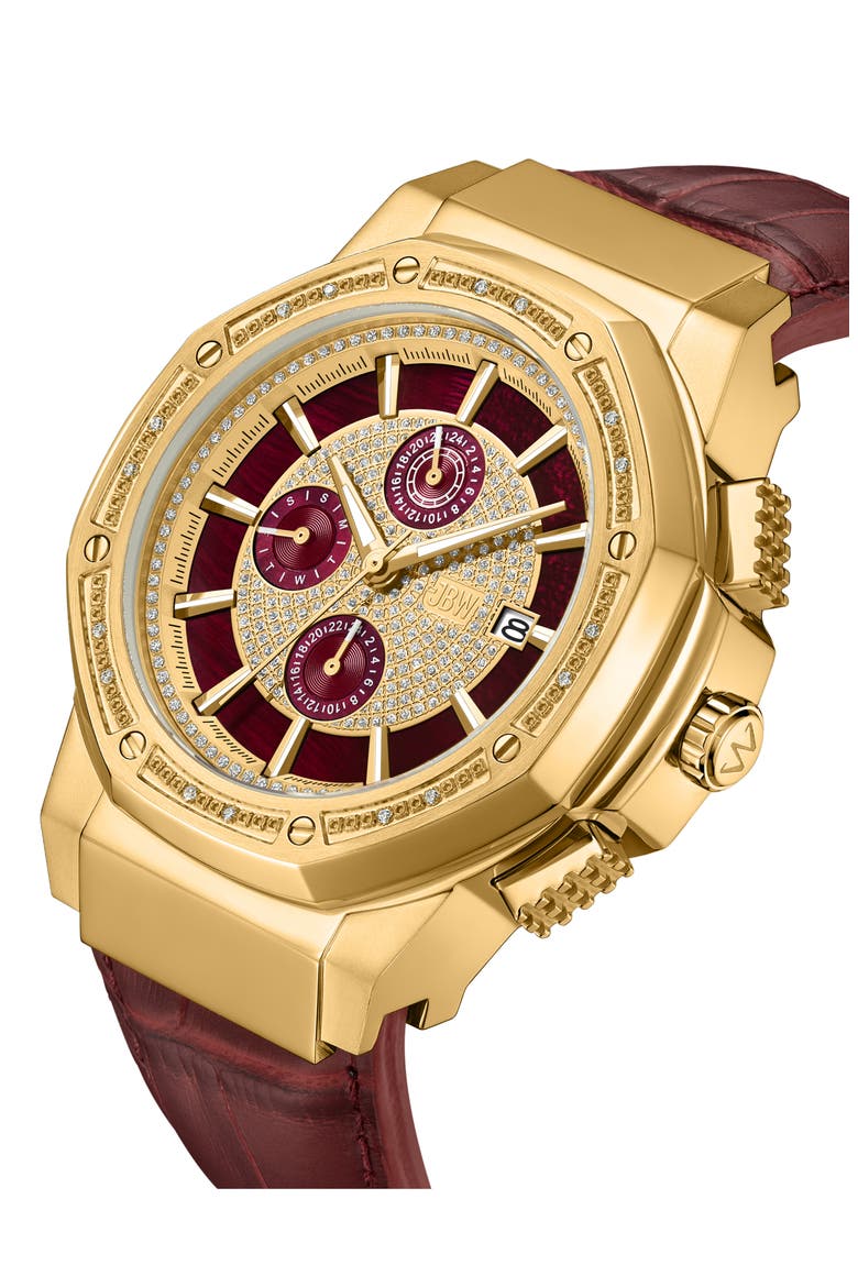 Saxon Diamond Croc Embossed Leather Strap Watch, 44mm - 0.08 ctw, Alternate, color, BURGUNDY/ 18K GOLD