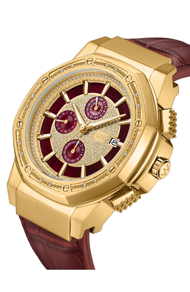 JBW Saxon Diamond Croc Embossed Leather Strap Watch, 44mm - 0.08 ctw, Alternate, color, Burgundy/ 18K Gold