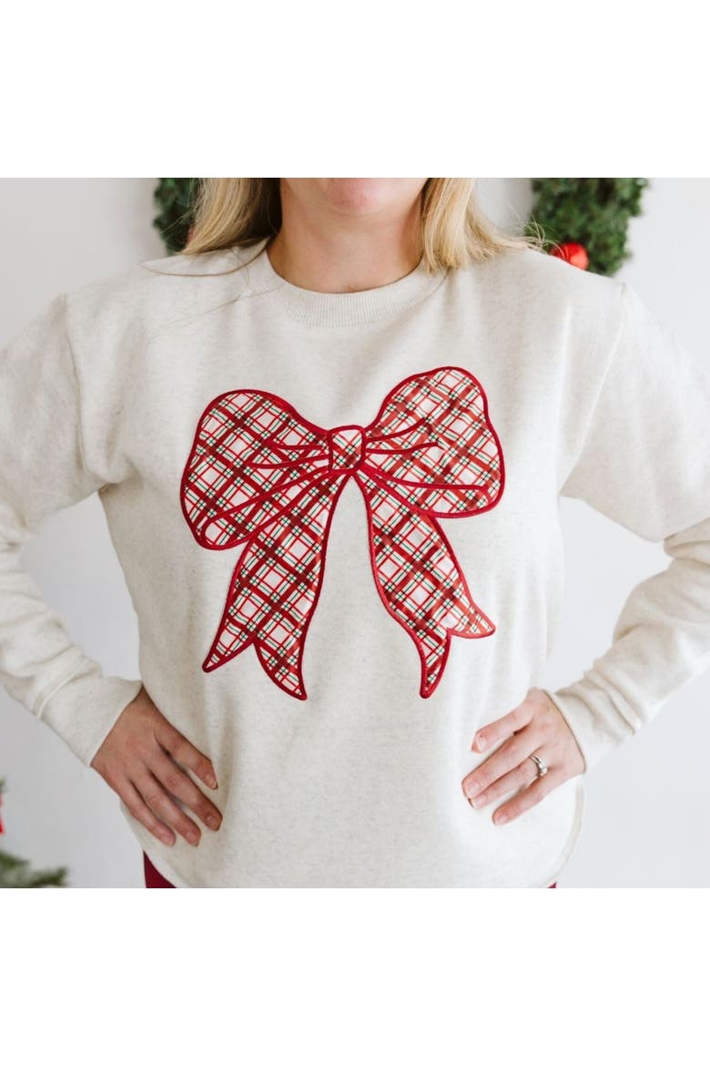 Christmas Plaid Bow Patch Women's Sweatshirt, Alternate, color, Natural