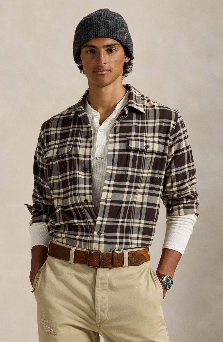 Polo Ralph Lauren Brushed Twill Long Sleeve Camp Shirt, Alternate, color, Nutmeg Brown Cream