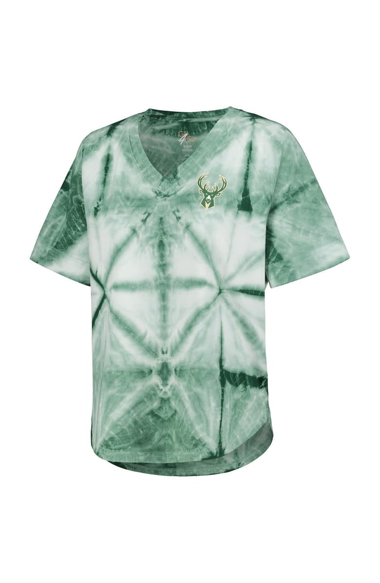 G-III 4HER BY CARL BANKS Women's G-III 4Her by Carl Banks Hunter Green Milwaukee Bucks Tournament Raglan Oversized Tie-Dye V-Neck T-Shirt, Alternate, color, Hunter Green