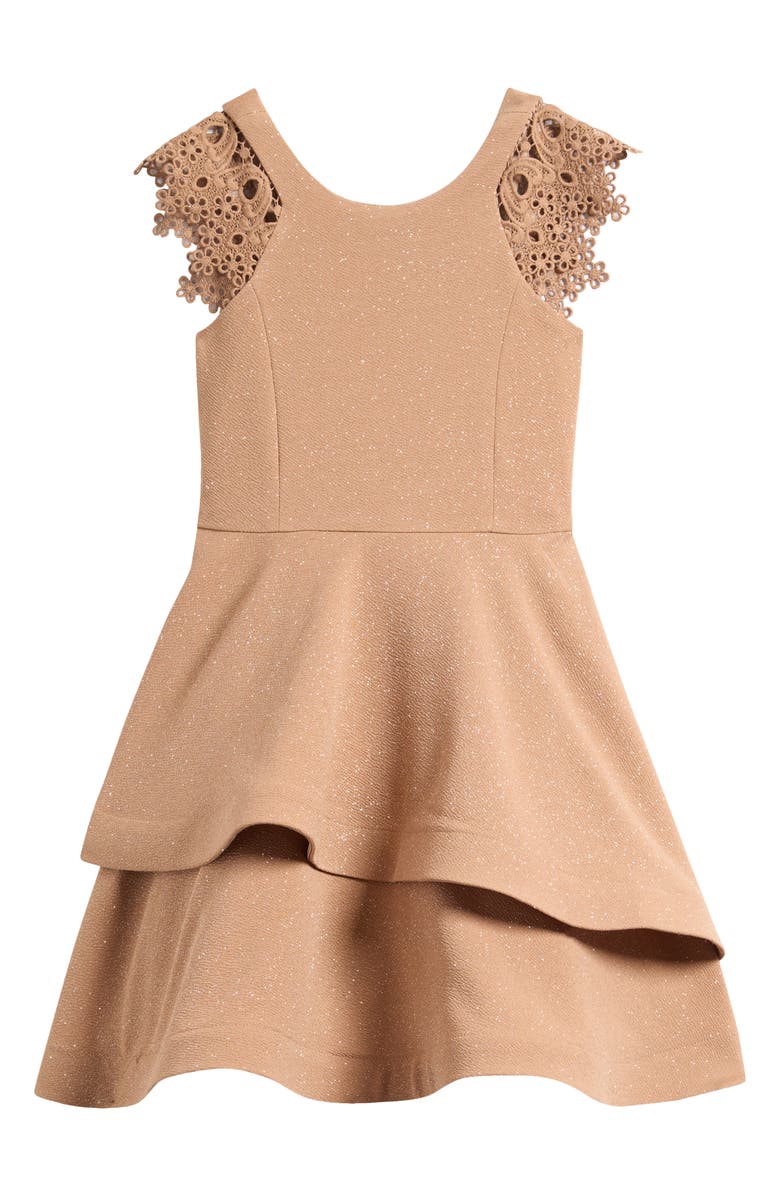 Iris & Ivy Kids' Sparkle Lace Sleeve Skater Dress, Main, color, Tan