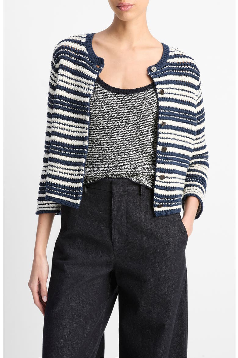 Textured Stripe Cotton Blend Cardigan, Main, color, NAVY/OFF WHITE
