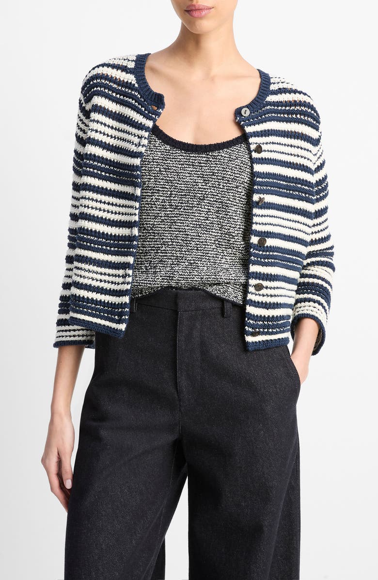 Vince Textured Stripe Cotton Blend Cardigan, Main, color, Navy/Off White