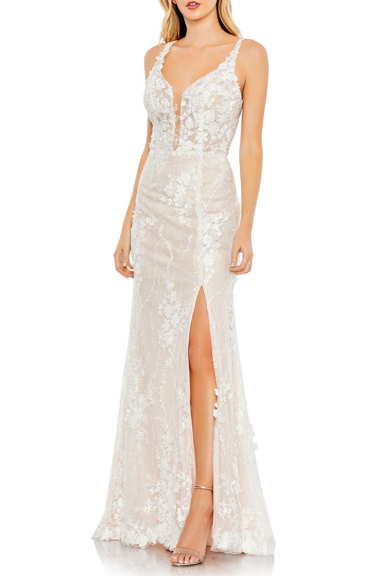 Embroidered Lace-Up Back Dotted Tulle Gown, Main, color, IVORY