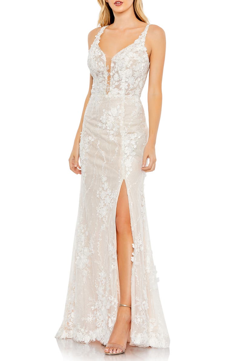 Mac Duggal Embroidered Lace-Up Back Dotted Tulle Gown, Main, color,