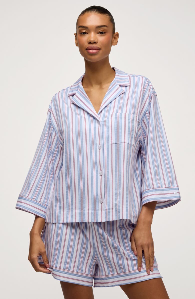 Petite Plume Olivia Stripe Pima Cotton Short Pajamas, Alternate, color, Blue