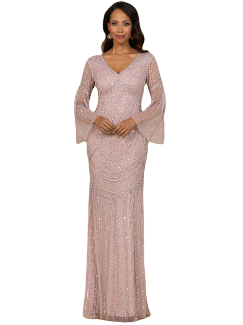 Lara New York Long Sleeve Beaded Gown In Blush
