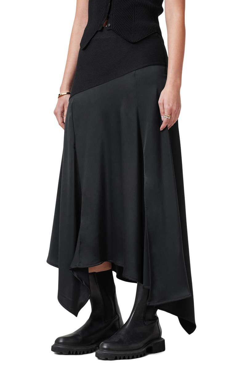 AllSaints Pia Mixed Media Asymmetric Skirt, Main, color,
