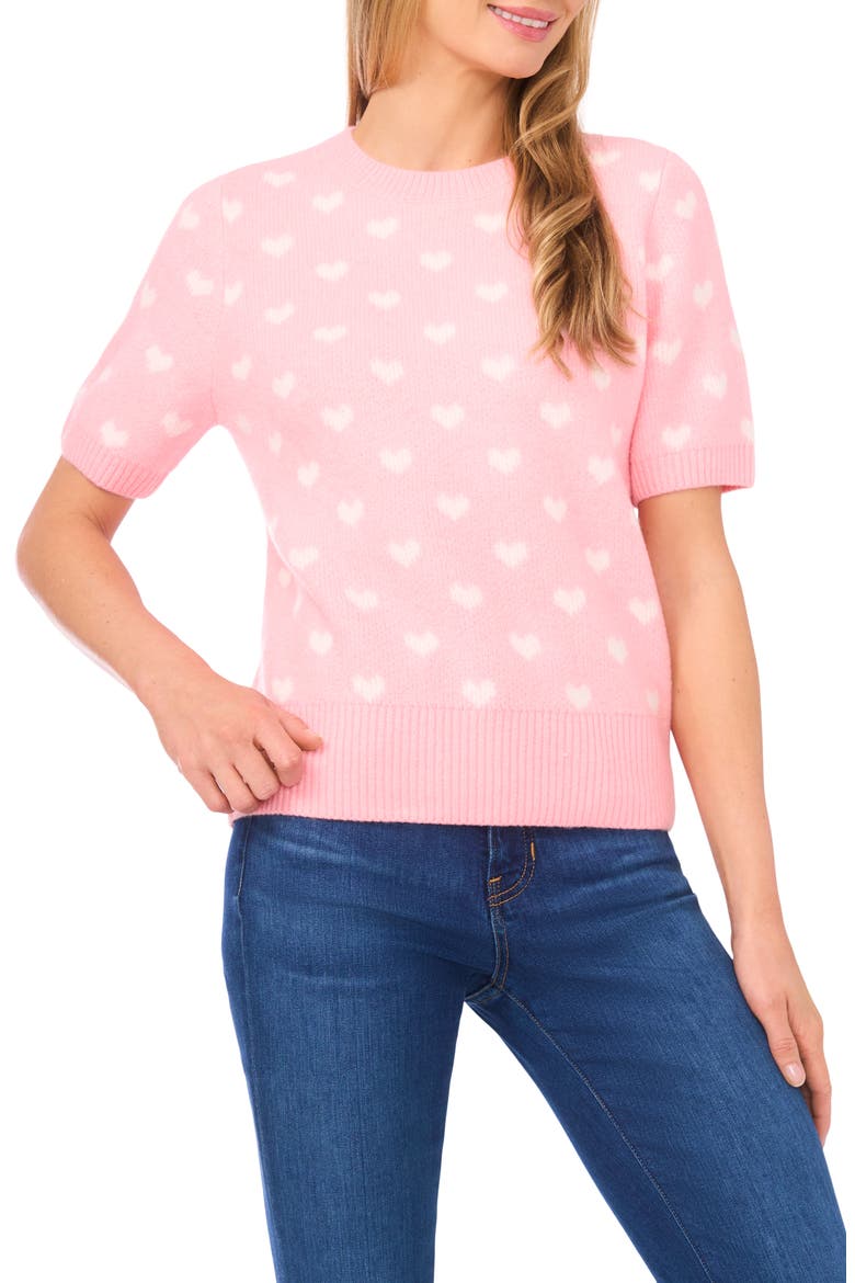 Heart Short Sleeve Crewneck Sweater, Main, color, PRISM PINK