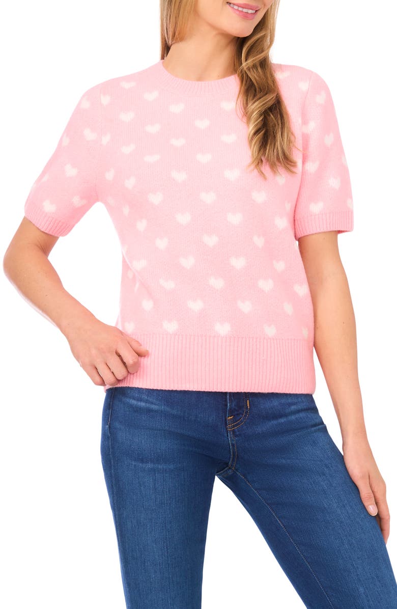 CeCe Heart Short Sleeve Crewneck Sweater, Main, color, Prism Pink