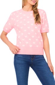 CeCe Heart Short Sleeve Crewneck Sweater