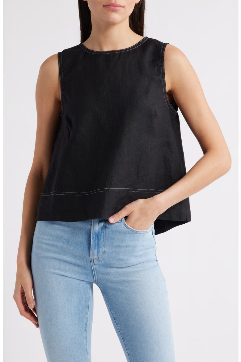 Pleated Linen Sleeveless Shell Top, Main, color, JET BLACK